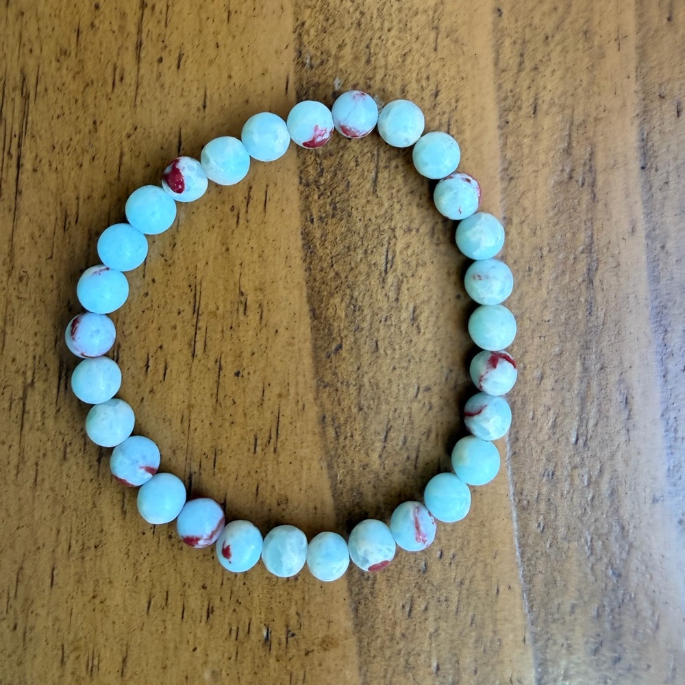 Natural Stone Stretch Bracelet in Light Aqua with Red and White Accents